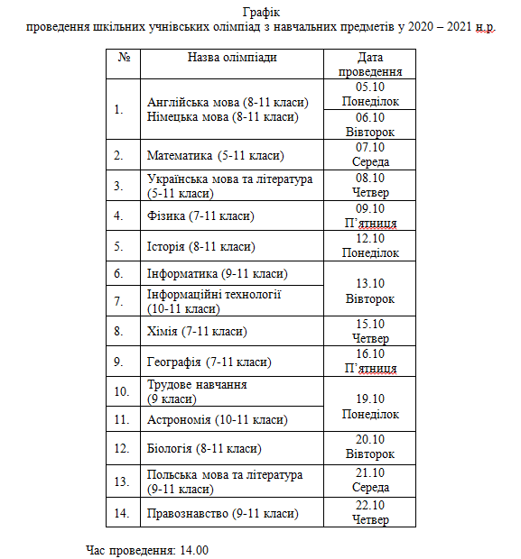графік шкільних олімпіад на сайт